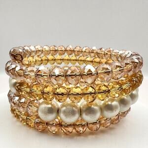 Vintage Gold Tone Crystal Bead Wrap Bracelet Faux Pearl Coil Memory Wire Boho